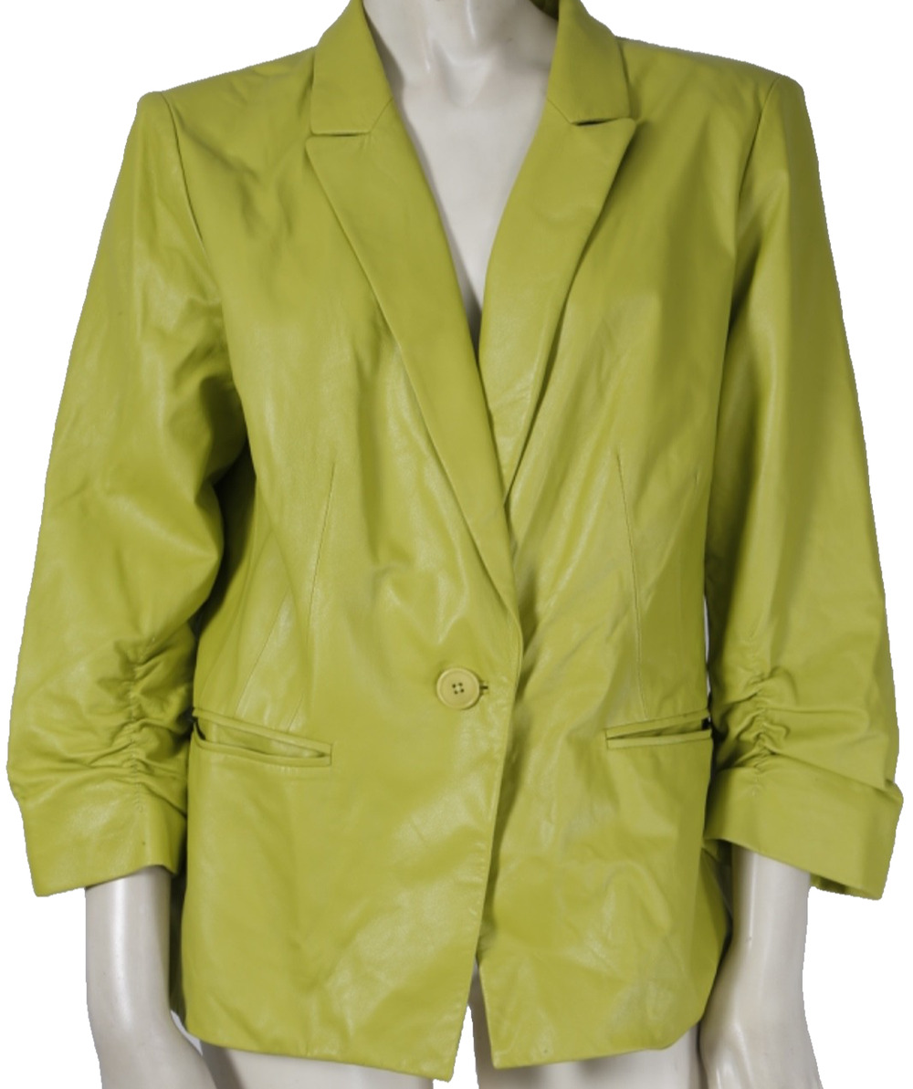 Lafayette 148 New York Chartreuse Green Genuine Leather Ruched Sleeve Blazer 12